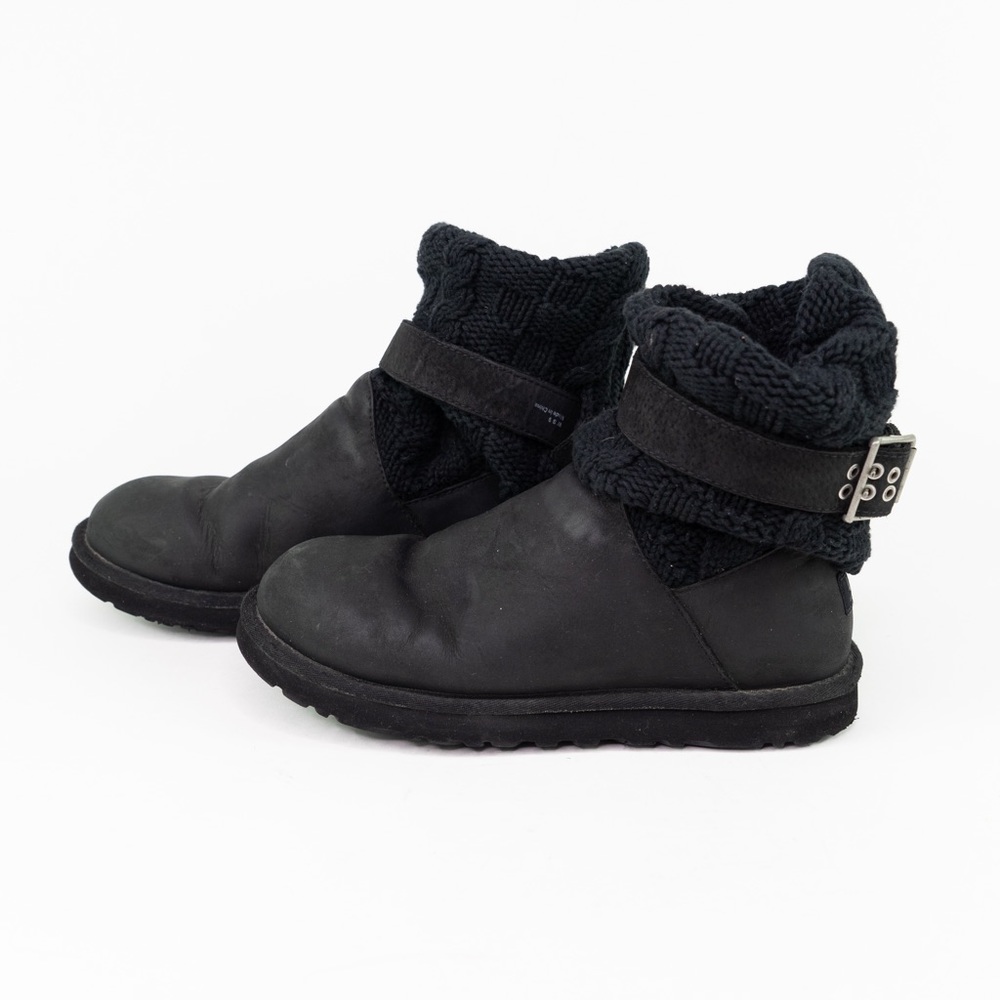 UGG Cassidee Knit Leather Brown Winter Boots  1007690 Buckle Pull On Womens 9